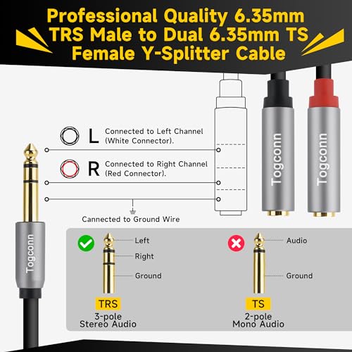 Togconn 2-Pack 1/4 inch TRS Stereo Splitter Y Adapter, 6.35mm Stereo Male to Dual 6.35 mm TS Mono Female Jack, Quarter inch Audio Speaker Splitter Converter Cable 1 Feet, Gold Plated Connectors - Image 3