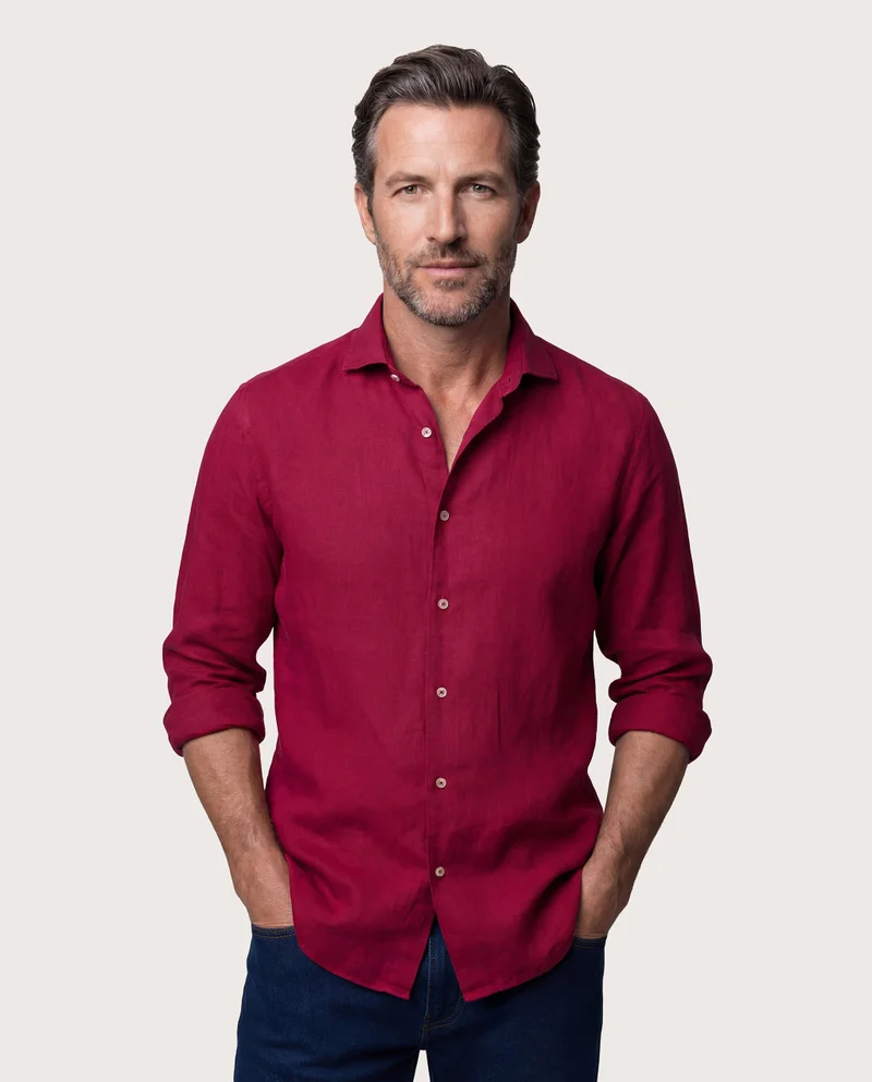 كاميتشسما Trendy Magenta Linen Slim Comfort Shirt