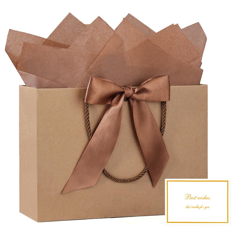 JMANNI Gift Bags with Handles 13 Medium Gift Bag for Presents 1 Pcs Bags with 2 Tissue Paper and 1 Cards for Graduation Baby Shower Wedding Fathers Day Mothers Day Birthday Party Brown - Image 2