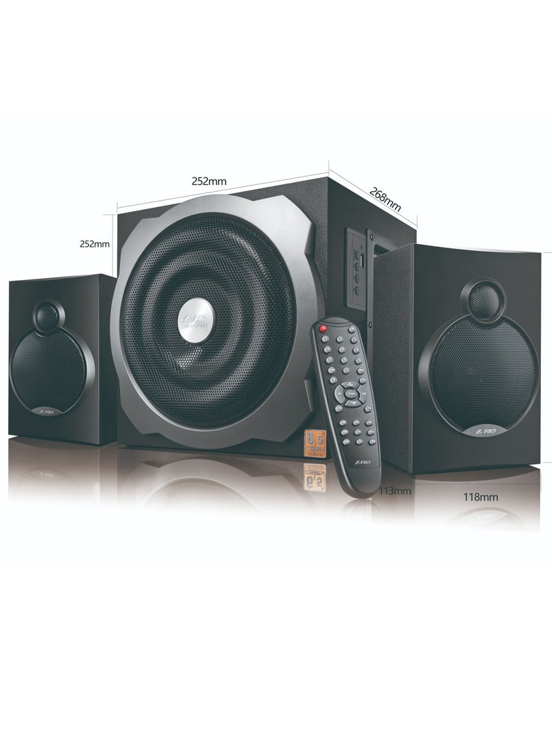 F&D - F&D A521X 104 W 2.1 Channel Bluetooth Multimedia Speakers with Subwoofer Satellite Speaker, Remote, Digital FM & USB (Black) - Image 1