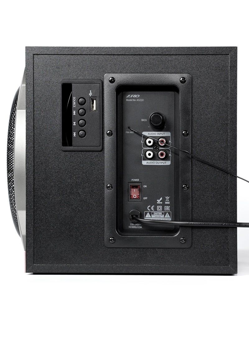 F&D - F&D A521X 104 W 2.1 Channel Bluetooth Multimedia Speakers with Subwoofer Satellite Speaker, Remote, Digital FM & USB (Black) - Image 1