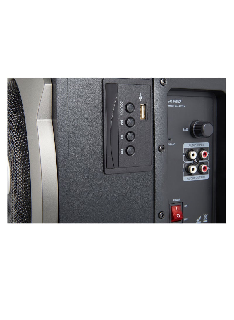 F&D - F&D A521X 104 W 2.1 Channel Bluetooth Multimedia Speakers with Subwoofer Satellite Speaker, Remote, Digital FM & USB (Black) - Image 1