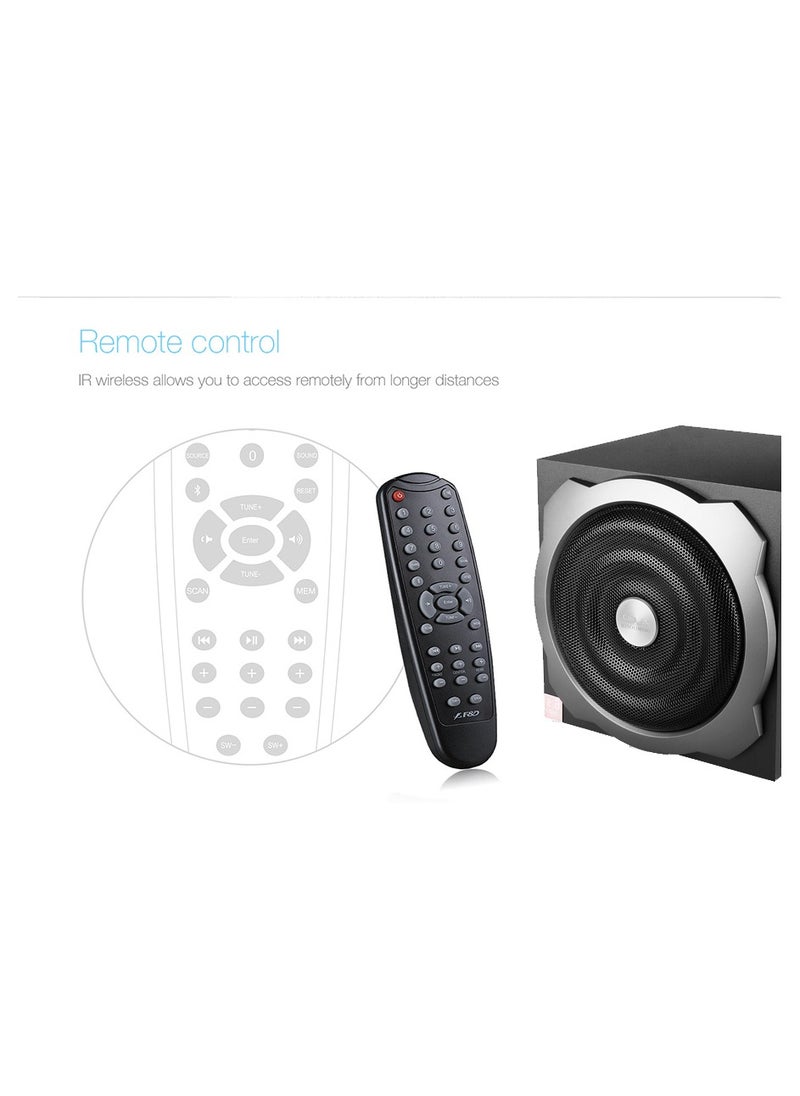 F&D - F&D A521X 104 W 2.1 Channel Bluetooth Multimedia Speakers with Subwoofer Satellite Speaker, Remote, Digital FM & USB (Black) - Image 1