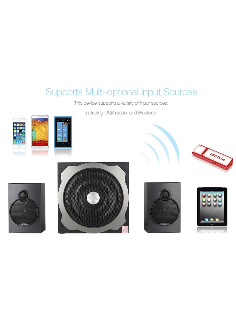 F&D - F&D A521X 104 W 2.1 Channel Bluetooth Multimedia Speakers with Subwoofer Satellite Speaker, Remote, Digital FM & USB (Black) - Image 1