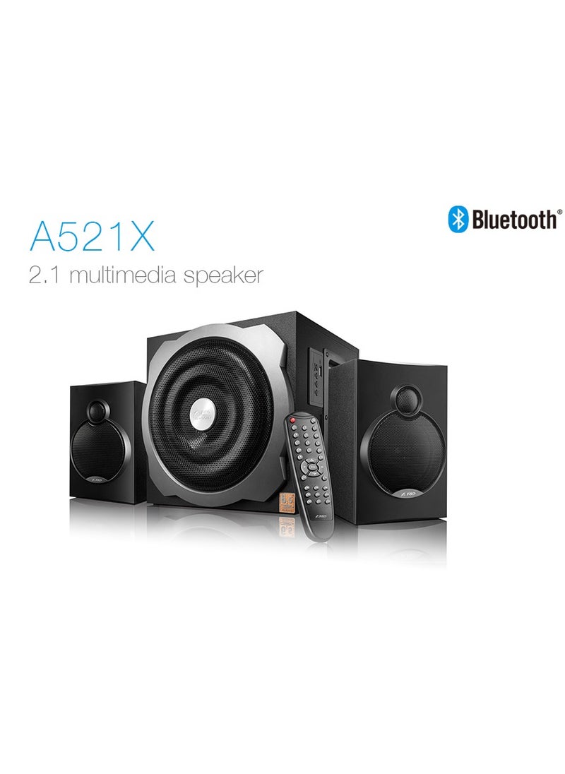 F&D - F&D A521X 104 W 2.1 Channel Bluetooth Multimedia Speakers with Subwoofer Satellite Speaker, Remote, Digital FM & USB (Black) - Image 1
