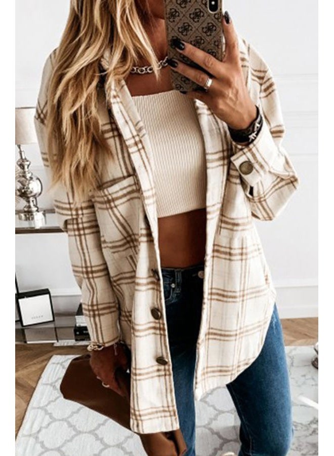 YOCUR Womens Flannel Shirts Plaid Jacket Lapel Long Outwear Warm Shirt Fall Jackets, 01beige, XL - Image 3