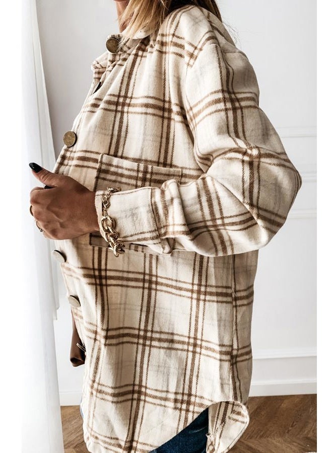 YOCUR Womens Flannel Shirts Plaid Jacket Lapel Long Outwear Warm Shirt Fall Jackets, 01beige, XL - Image 4