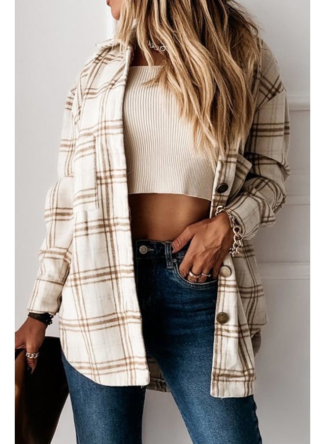 YOCUR Womens Flannel Shirts Plaid Jacket Lapel Long Outwear Warm Shirt Fall Jackets, 01beige, XL - Image 2