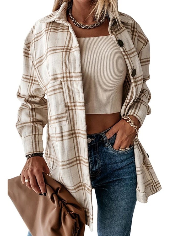 YOCUR Womens Flannel Shirts Plaid Jacket Lapel Long Outwear Warm Shirt Fall Jackets, 01beige, XL - Image 1