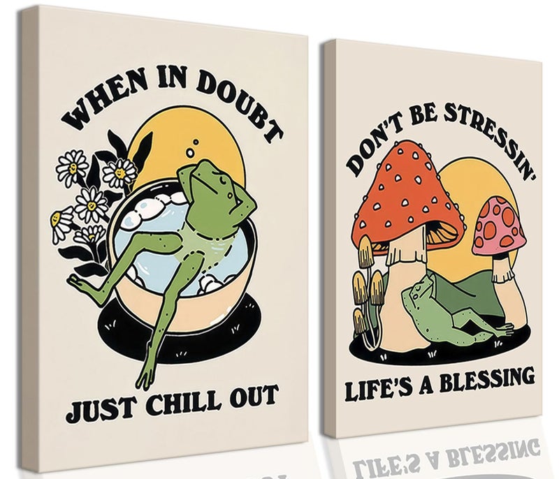 Riveda Framed Vintage Carefree Frog Canvas Wall Art Retro Meditating Frog Mushroom Picture Prints Trendy 70s Aesthetic Poster Quote Wall Painting for Bathroom Decor12*16"*2 - Image 1