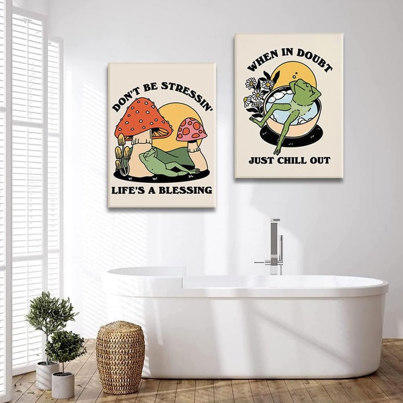 Riveda Framed Vintage Carefree Frog Canvas Wall Art Retro Meditating Frog Mushroom Picture Prints Trendy 70s Aesthetic Poster Quote Wall Painting for Bathroom Decor12*16"*2 - Image 4