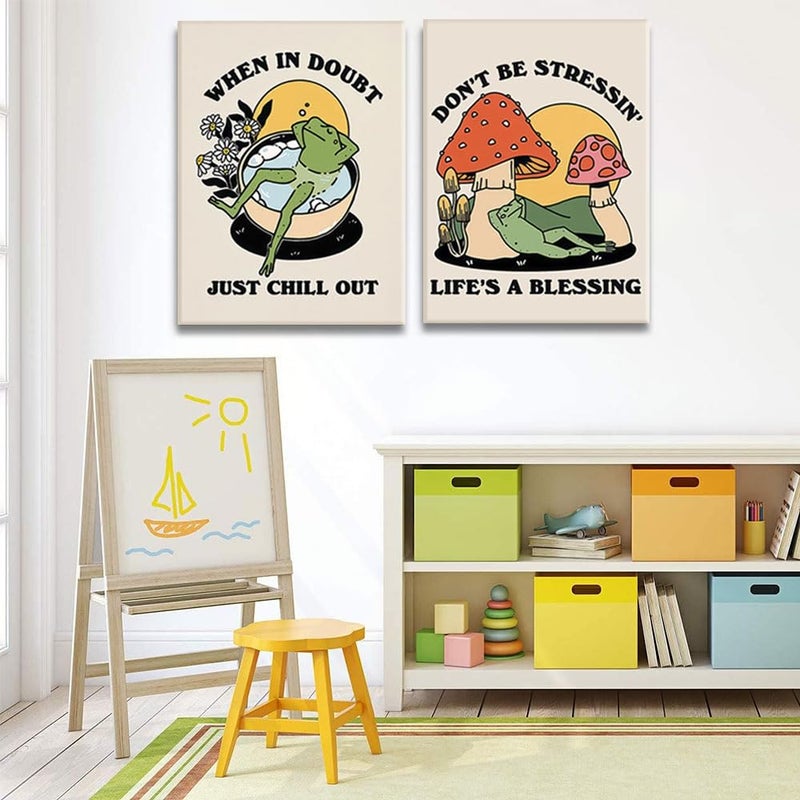 Riveda Framed Vintage Carefree Frog Canvas Wall Art Retro Meditating Frog Mushroom Picture Prints Trendy 70s Aesthetic Poster Quote Wall Painting for Bathroom Decor12*16"*2 - Image 3