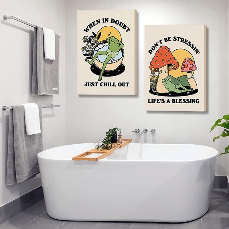 Riveda Framed Vintage Carefree Frog Canvas Wall Art Retro Meditating Frog Mushroom Picture Prints Trendy 70s Aesthetic Poster Quote Wall Painting for Bathroom Decor12*16"*2 - Image 2