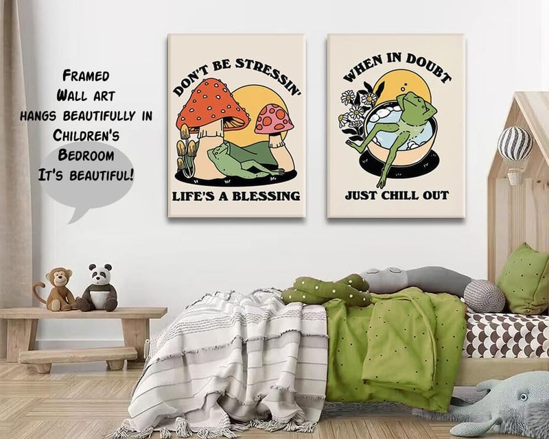Riveda Framed Vintage Carefree Frog Canvas Wall Art Retro Meditating Frog Mushroom Picture Prints Trendy 70s Aesthetic Poster Quote Wall Painting for Bathroom Decor12*16"*2 - Image 5
