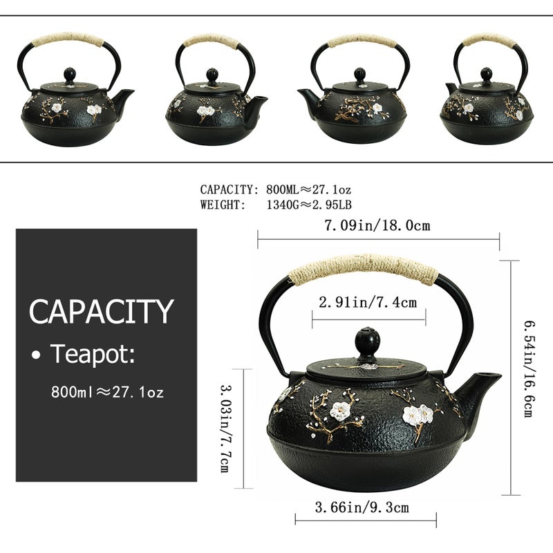 YJX 27oz Small Cast Iron Teapot for Stovetop, Japanese Tetsubin with Enamel, Beautiful Decorative Tea Pot, Durable Tea Kettle with Stainless Steel Infuser for Loose Tea(800ML) - Image 5