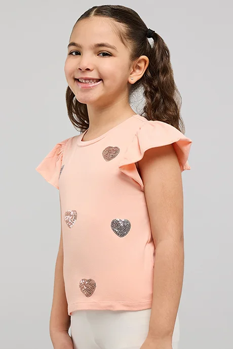 أر أند بي Sequined Top with Crew Neck and Flutter Sleeves