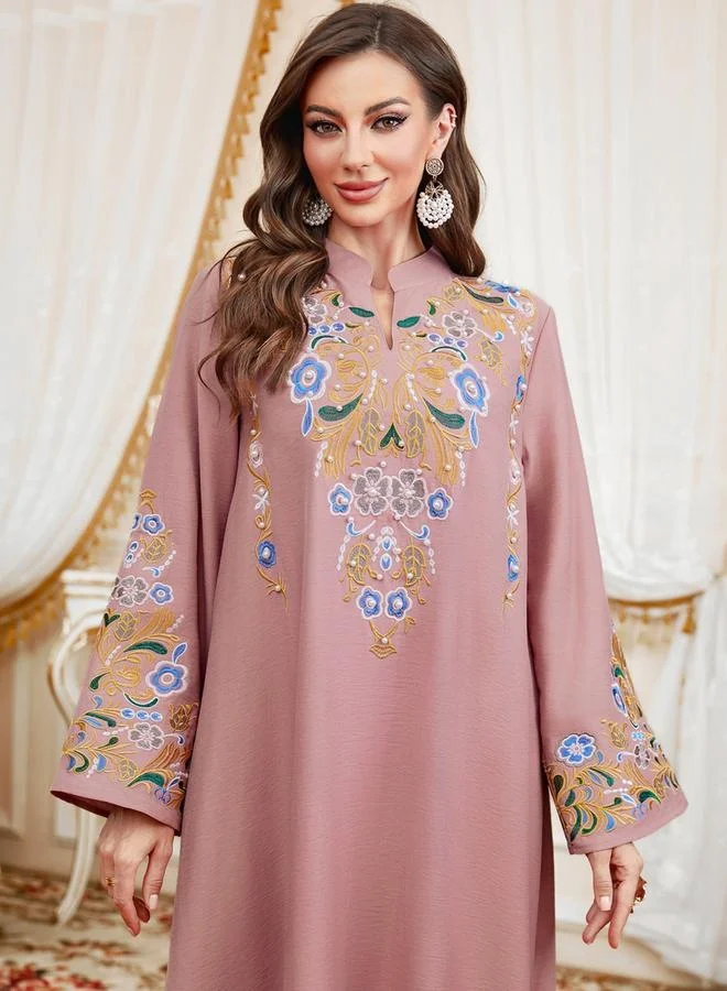 Take Two Dark Pink Women Faux Pearl Detail Round Neck Jalabiya for Women | Best Price UAE