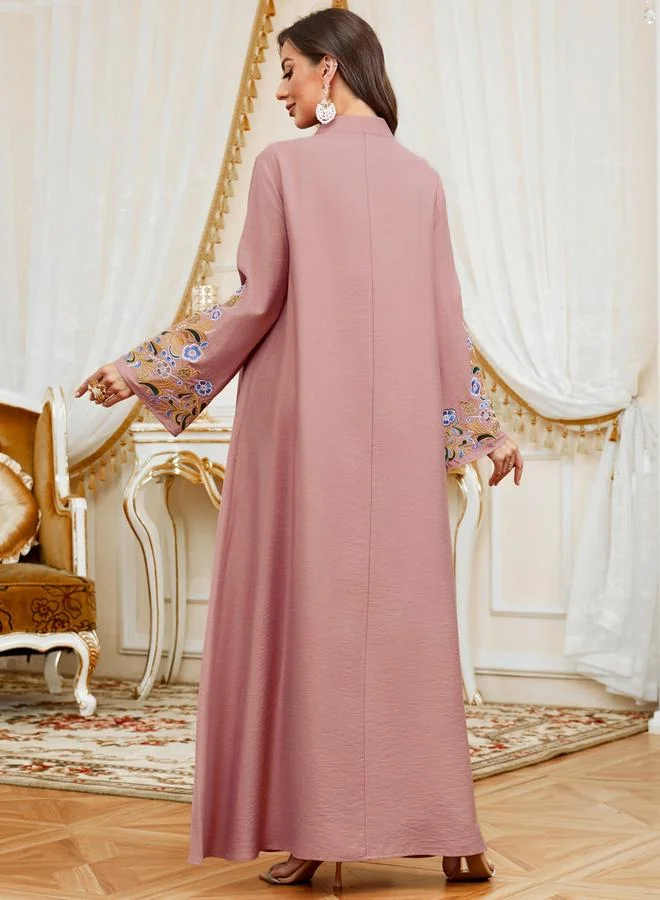 Take Two Dark Pink Women Faux Pearl Detail Round Neck Jalabiya for Women | Best Price UAE