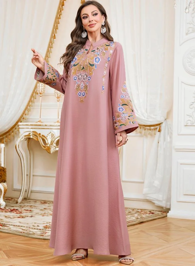 Take Two Dark Pink Women Faux Pearl Detail Round Neck Jalabiya for Women | Best Price UAE