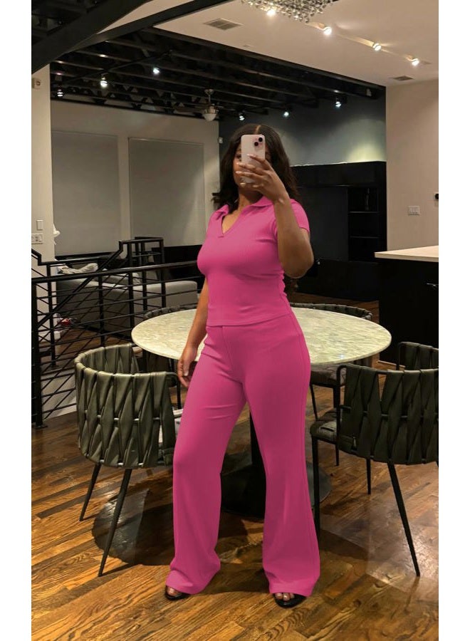 HBQ Women Two Piece Outfit Ribbed Short Sleeve V Neck Polo Top and Flare Pants Casual Lounge Sets Tracksuit, Rose Red, M - Image 2