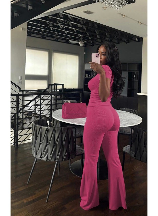 HBQ Women Two Piece Outfit Ribbed Short Sleeve V Neck Polo Top and Flare Pants Casual Lounge Sets Tracksuit, Rose Red, M - Image 3