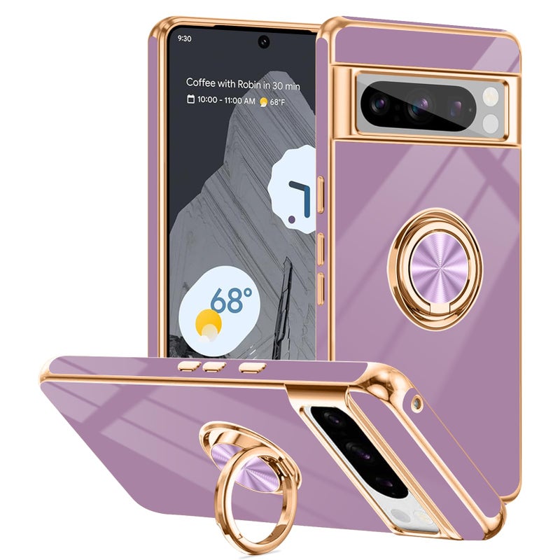 Tnarru Designed for Google Pixel 8 Pro Case with Ring Stand, Support Magnetic Car Mount Rotating Finger Holder Soft TPU Cover Plating Edge Slim Phone Case for Pixel 8 Pro Purple - Image 1