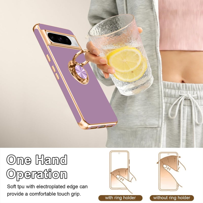 Tnarru Designed for Google Pixel 8 Pro Case with Ring Stand, Support Magnetic Car Mount Rotating Finger Holder Soft TPU Cover Plating Edge Slim Phone Case for Pixel 8 Pro Purple - Image 4