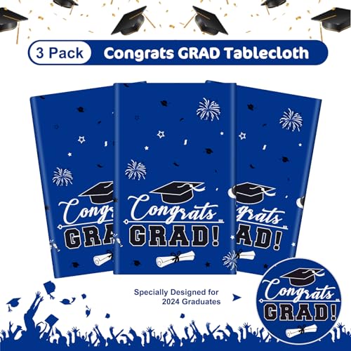 PERFQU 3 Pcs Graduation Tablecloth - Congrats Grad Table Cloth for Class of 2025, Disposable Plastic Rectangle Grad Table Cover for Graduation Party Decorations 2025 and Party Supplies, 54 x 108 Inch (Blue) - Image 5
