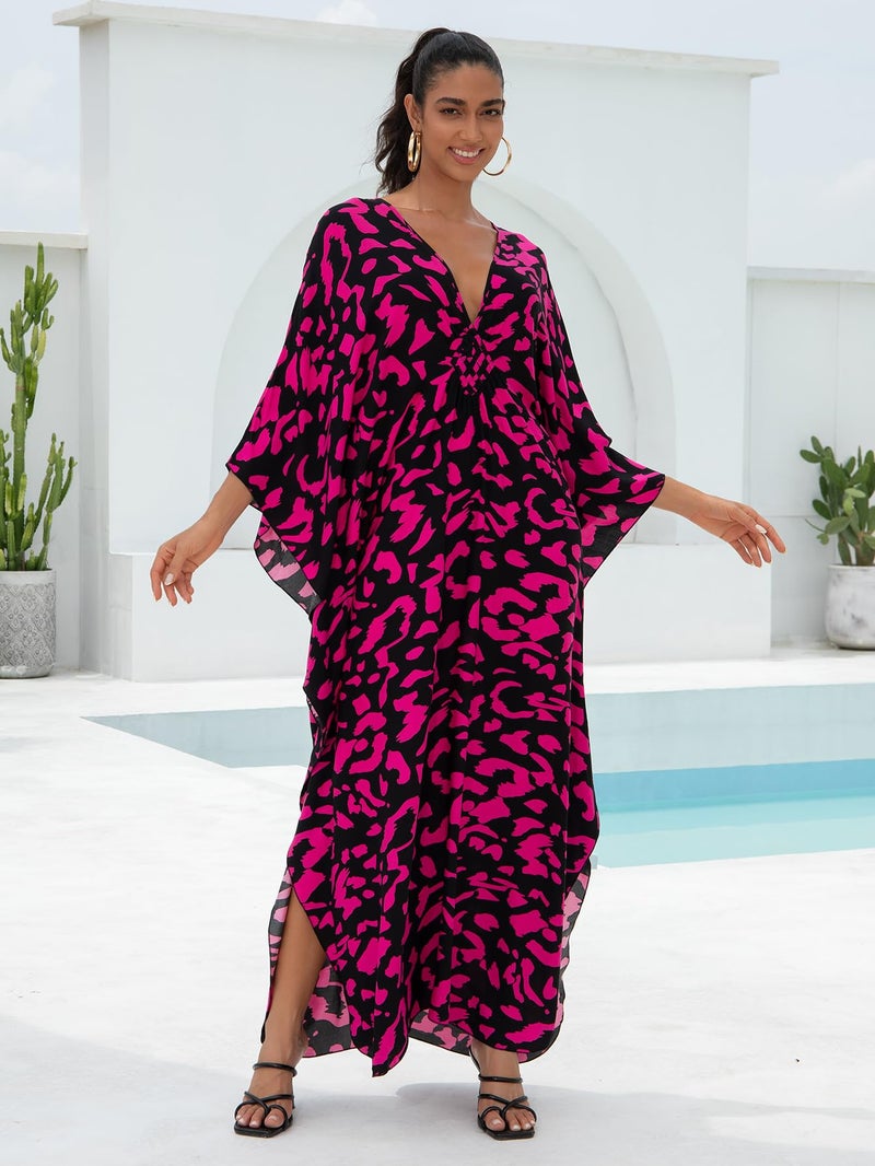 IMAGEKOPE Women's Plus Size Animal Print V-Neck Batwing Kaftan Beach Dress Bathing Suit Cover-Up Loungewear - Image 4
