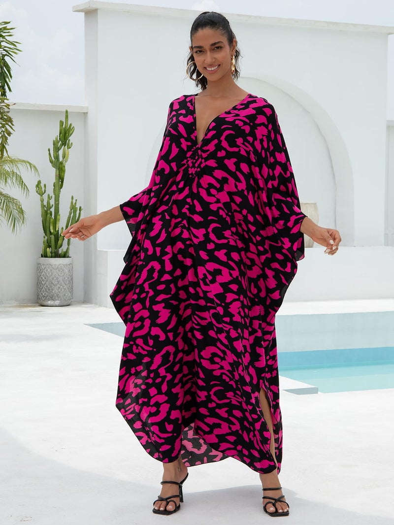 IMAGEKOPE Women's Plus Size Animal Print V-Neck Batwing Kaftan Beach Dress Bathing Suit Cover-Up Loungewear - Image 5