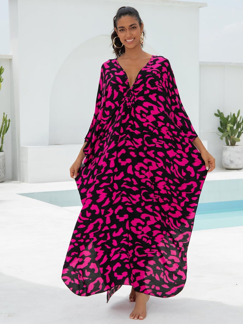 IMAGEKOPE Women's Plus Size Animal Print V-Neck Batwing Kaftan Beach Dress Bathing Suit Cover-Up Loungewear - Image 3