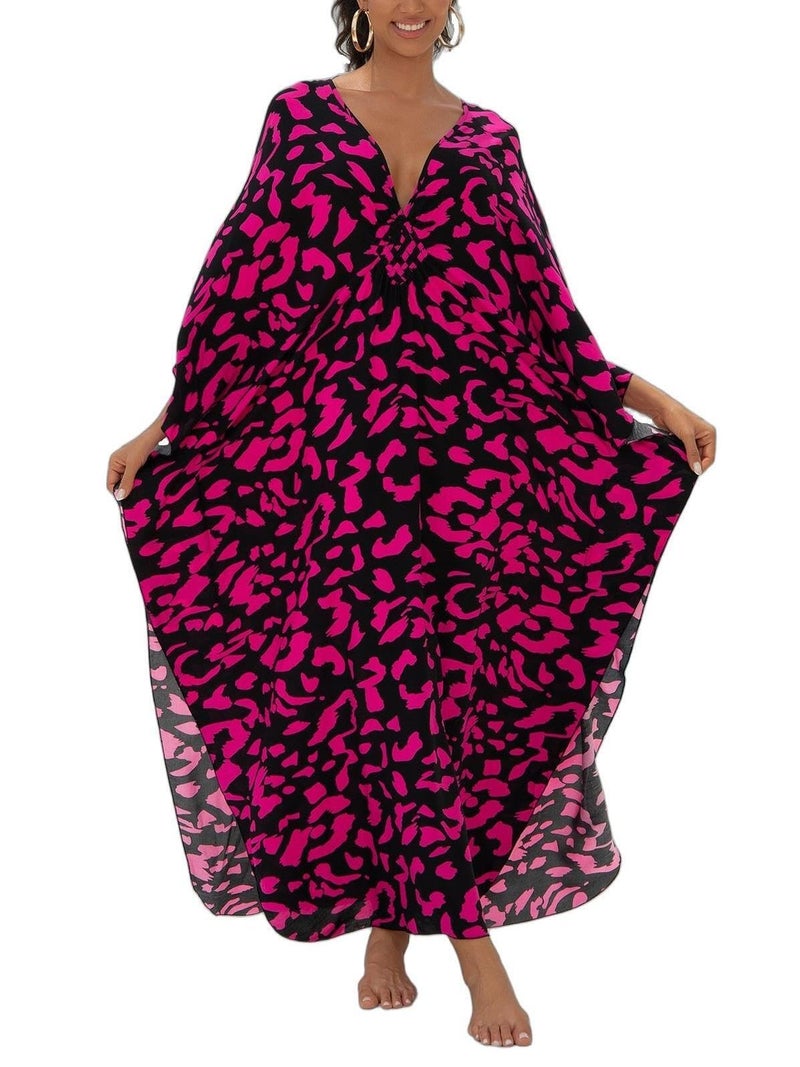 IMAGEKOPE Women's Plus Size Animal Print V-Neck Batwing Kaftan Beach Dress Bathing Suit Cover-Up Loungewear - Image 1
