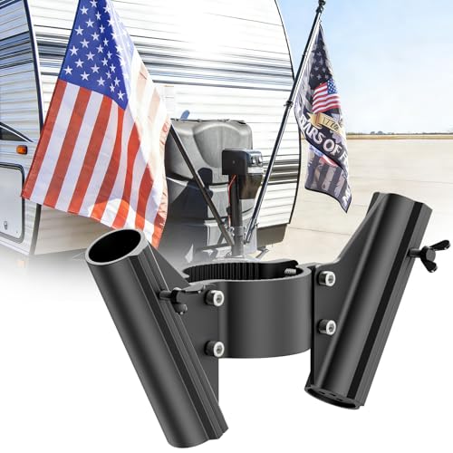 Safoner RV Dual Flag Pole Mount for Trailer Tongue Jack Aluminum Flag Holder with Wing Screw Locking For Flagpoles Up to 1 Fits 2 2 Jack Tube RV Essential Accessoires - Image 1