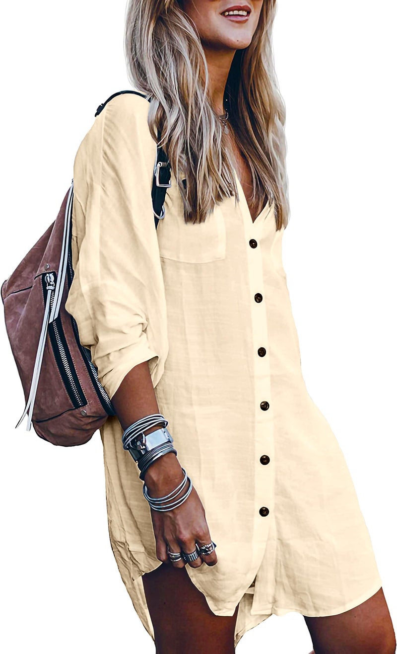 POGTMM Swimsuit Women Cover up Sexy Long Sleeve Shirt Bikini Beachwear Bathing Suit Beach Dress (L, Beige) - Image 1