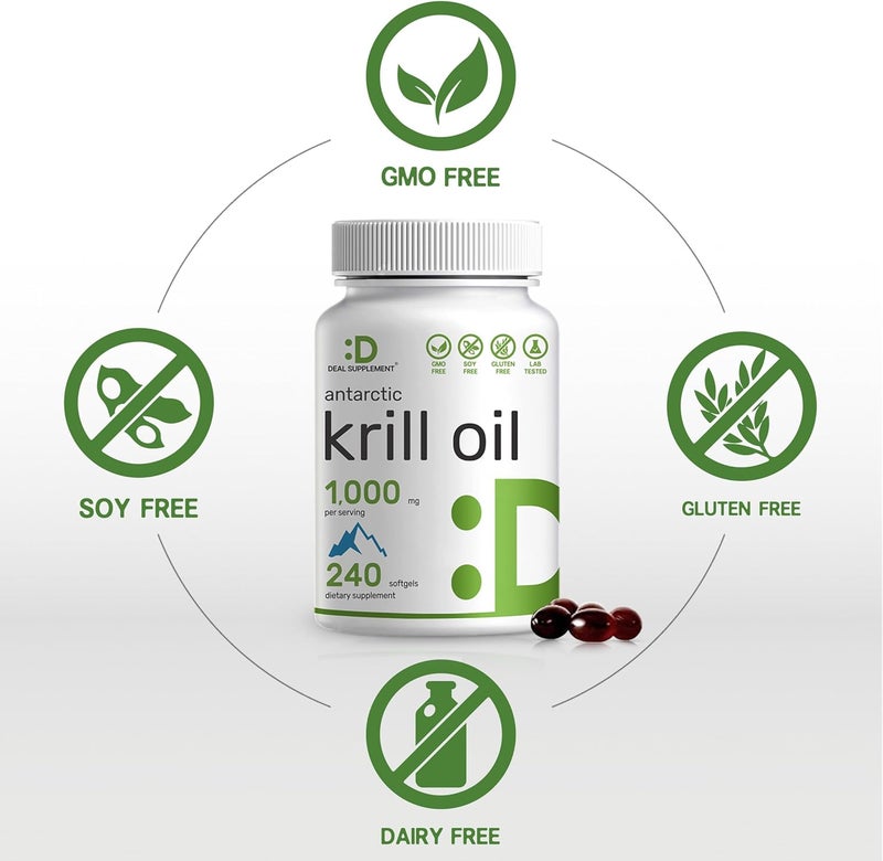 DEAL SUPPLEMENT مكمل ديال زيت كريل من القارة القطبية الجنوبية 1000 ملغ لكل حصة 240 كبسولة لينة خالية من الزئبق بدون طعم سمكي غنية بأوميغا 3 EPA DHA أستازانتين فوسفوليبيد غير معدلة وراثيًا خالية من الجلوتين - Image 3