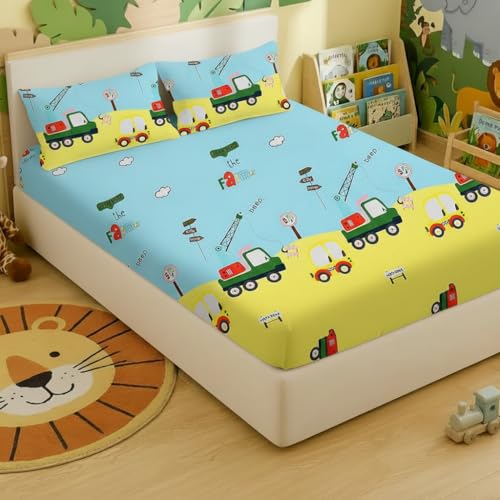 Filymore Kids bedsheets for Double Bed Made with Microfiber 240 TC Wrinkle Free Soft | Car bedsheet for Kids Queen Size (90x90 Inches/Boys Girls Room)(SkyBlue) - Image 1
