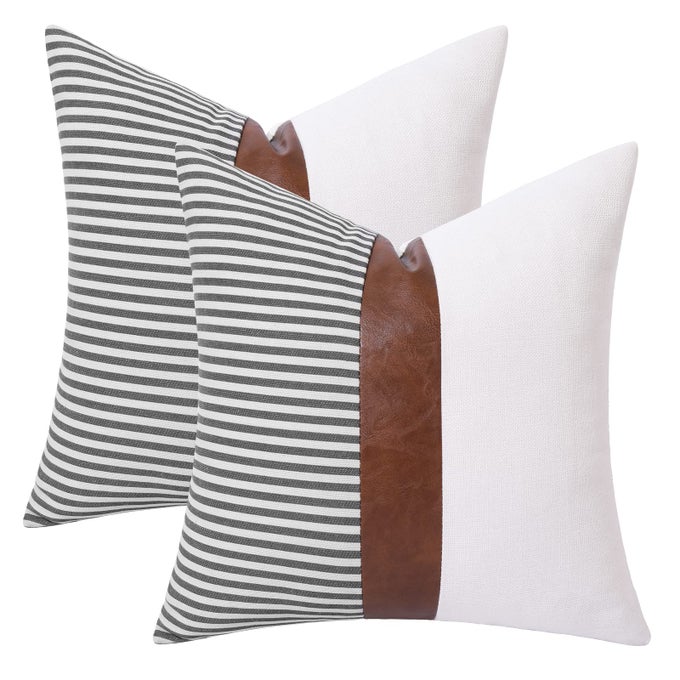 FAUX LEATHER OUTDOOR THROW PILLOWS 18X18 INCH SET OF 2 BOHO STRIPED FARMHOUSE PILLOWS WITH INSERTS FOR COUCH LIVING ROOM GREY