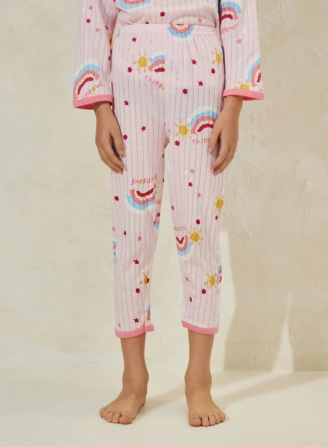 Styli Graphic Print Rib T-Shirt & Crop Pyjama Set