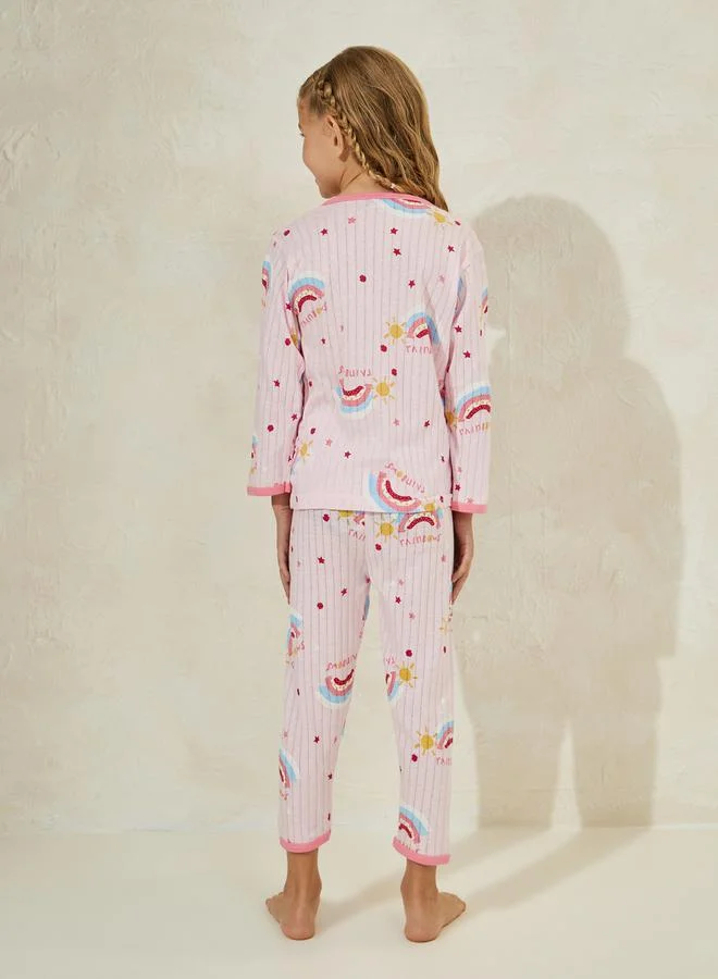Styli Graphic Print Rib T-Shirt & Crop Pyjama Set