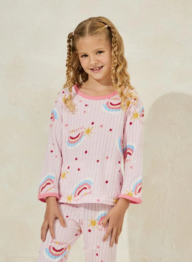 Styli Graphic Print Rib T-Shirt & Crop Pyjama Set