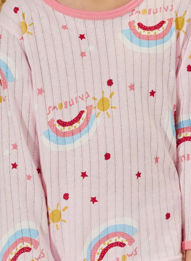 Styli Graphic Print Rib T-Shirt & Crop Pyjama Set