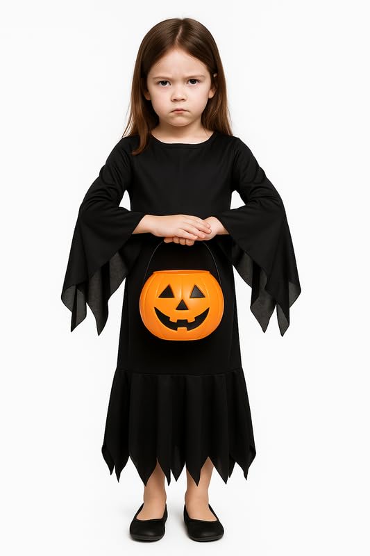 YUPPIN Scary Black Halloween Costume for Kids – Spooky Fancy Dress Outfit with Pumpkin Bucket and Draculla Teeth - Image 1