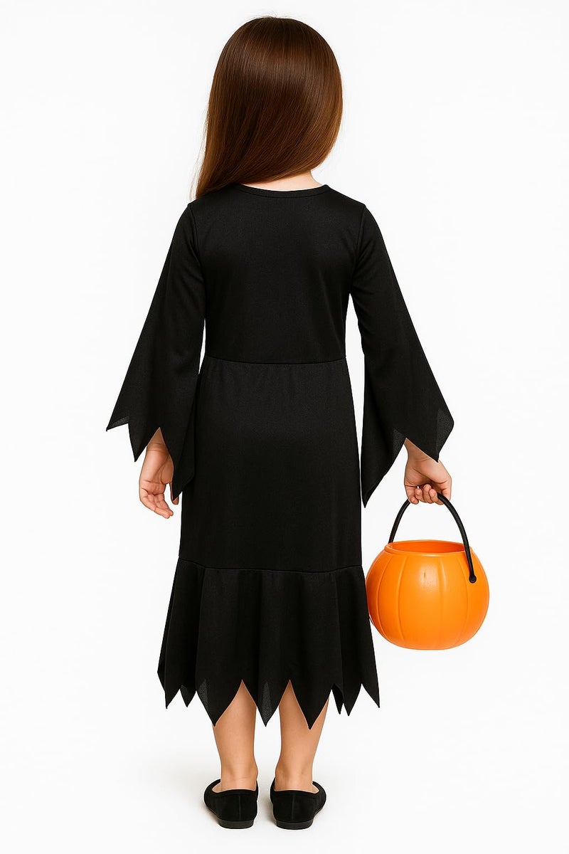 YUPPIN Scary Black Halloween Costume for Kids – Spooky Fancy Dress Outfit with Pumpkin Bucket and Draculla Teeth - Image 2