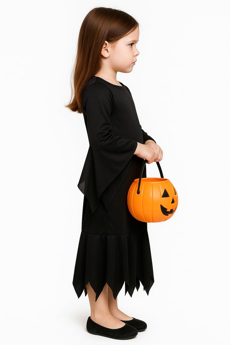 YUPPIN Scary Black Halloween Costume for Kids – Spooky Fancy Dress Outfit with Pumpkin Bucket and Draculla Teeth - Image 4