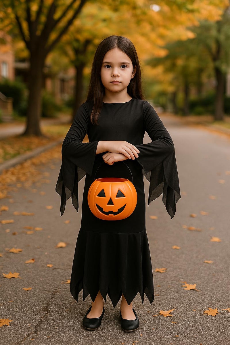 YUPPIN Scary Black Halloween Costume for Kids – Spooky Fancy Dress Outfit with Pumpkin Bucket and Draculla Teeth - Image 3