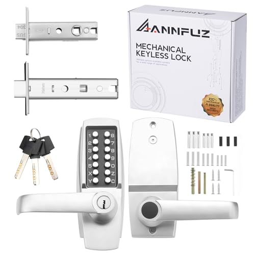 ANNFUZ New Mechanical Keyless Keypad Entry Door Hanle Lock with KeyNo ElectronicSingleSide Push Button Combination Code Door Lever SetInterior HoldOpeningfor Front Gate Outdoor Pearl Chrome - Image 1