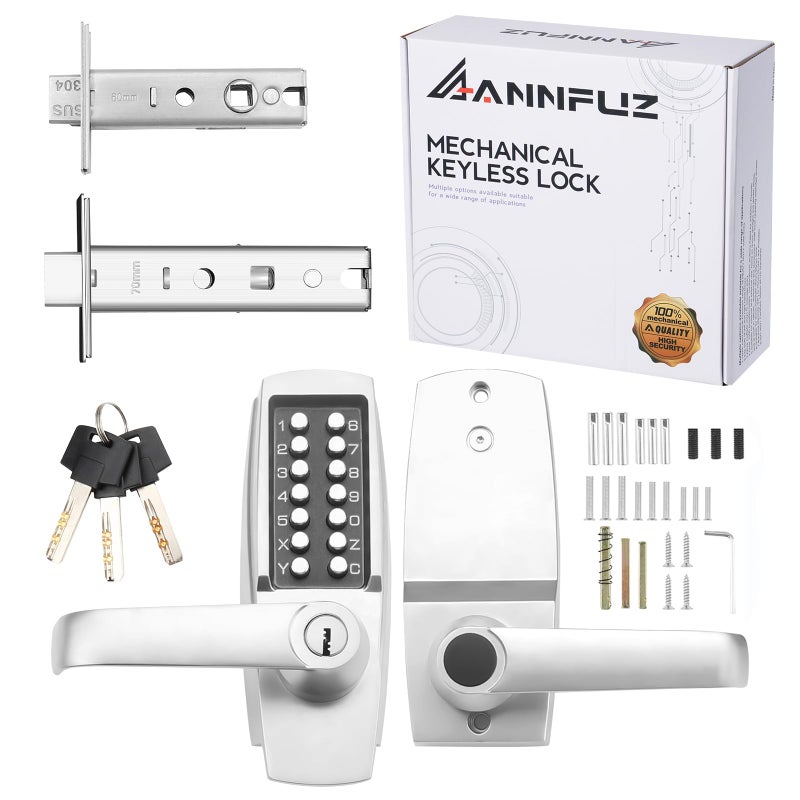 ANNFUZ New Mechanical Keyless Keypad Entry Door Hanle Lock with KeyNo ElectronicSingleSide Push Button Combination Code Door Lever SetInterior HoldOpeningfor Front Gate Outdoor Pearl Chrome - Image 2