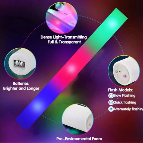 SHQDD 105 PCS LED Foam Glow Sticks, Glow Sticks Bulk Party Pack with 3 Modes Colorful Flashing, Glow in The Dark Party Supplies, Light Up Foam Sticks for Wedding, July 4th, Birthday, Raves, Concert - Image 4