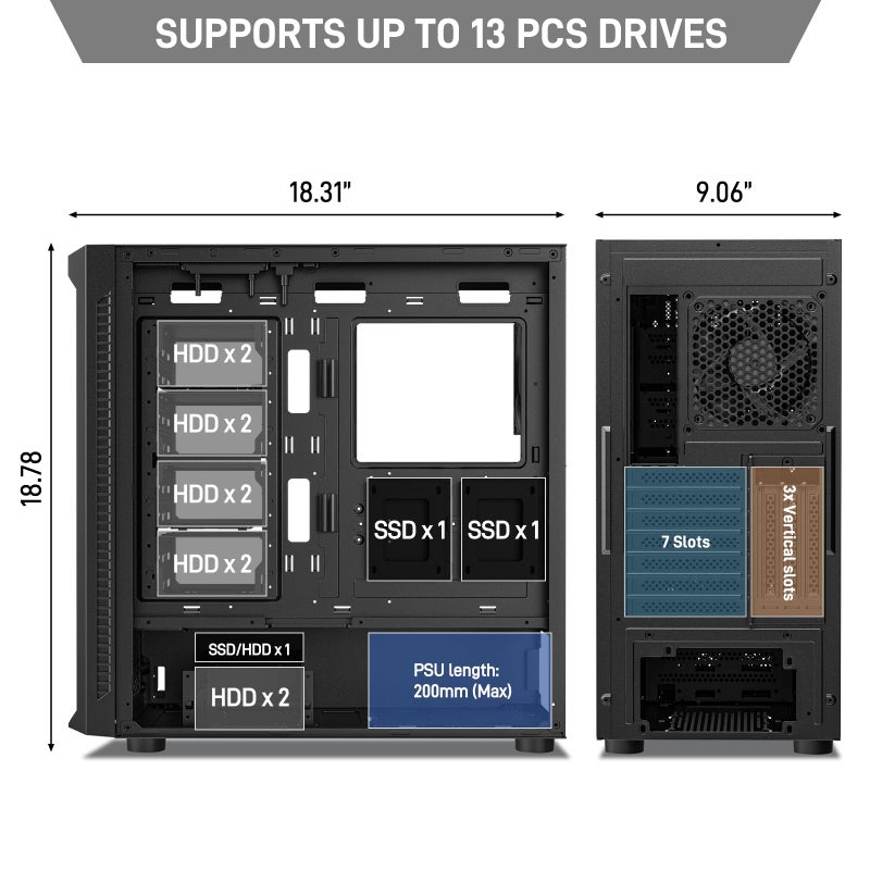 DARKROCK Classico Max Storage Master E-ATX Computer Case with 4x120mm Black Fan, 10 x3.5 HDD+3 x2.5 SDD USB 3.0 Ready, 360mm Radiator Supported, Vertical Slots for GPU Vertically Mount - Black - Image 3