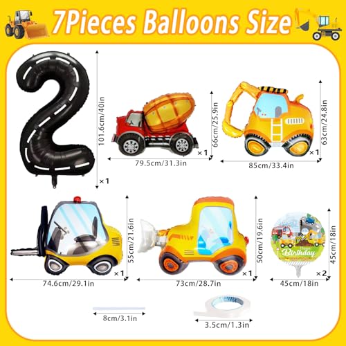 YiYou 7 Pcs Construction Balloons 40 Inch Number 2 Foil Balloons Excavator Truck Forklift Bulldozer Construction Birthday Balloons for Boys Construction Themed 2nd Birthday Truck Party Decorations Supplies - Image 5